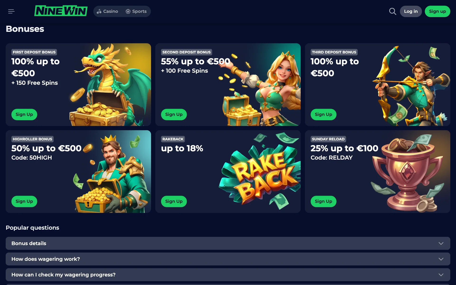 NineWin bonuses page with three deposit offer cards