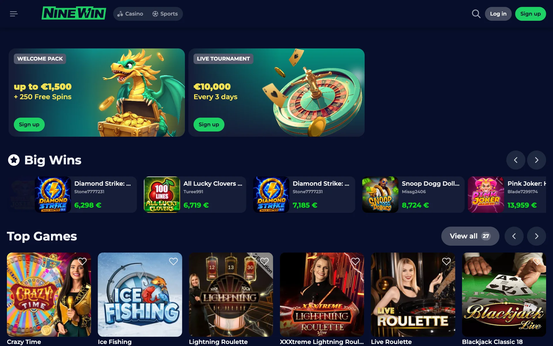 NineWin live casino lobby with game show tiles